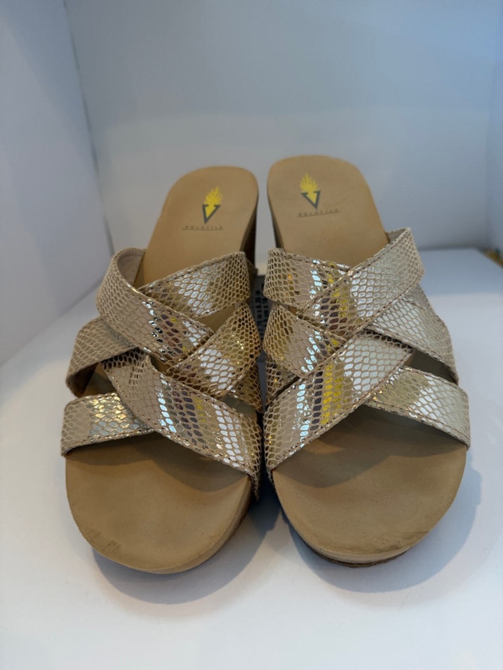 Volatile Gold Crisscross Wedge Sandals - Picture 2 of 3